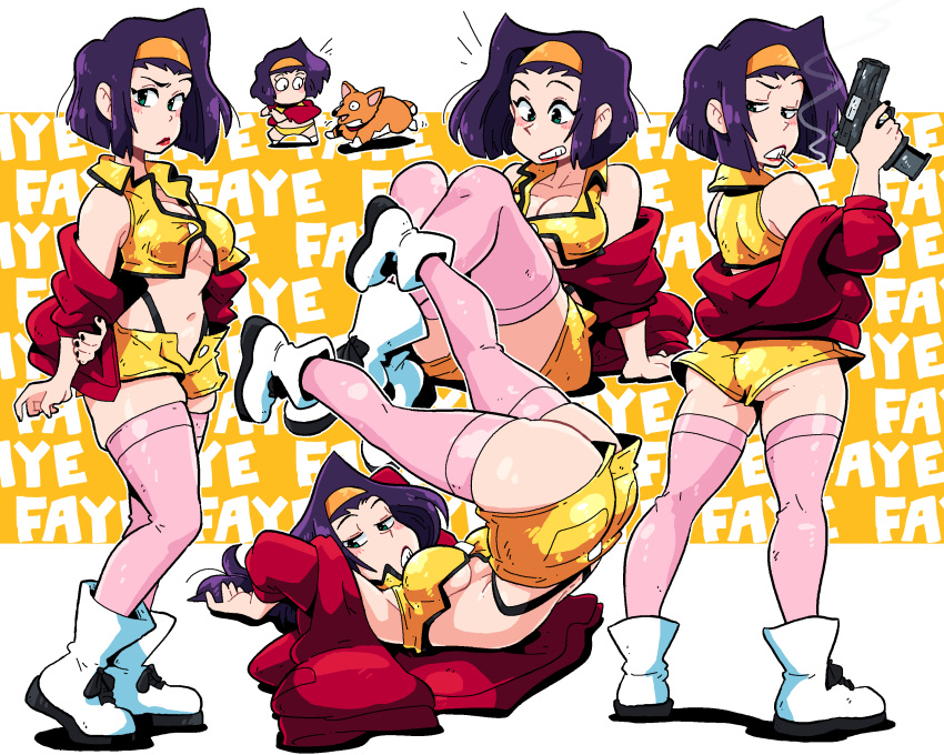 1girl absurdres ass black_hair black_nails blush breasts character_name cigarette cleavage cowboy_bebop dog ein_(cowboy_bebop) faye_valentine gun hairband highres holding holding_gun holding_weapon jacket knees_up legs_up medium_breasts midriff multiple_views navel pink_thighhighs red_jacket scott_malin shadow short_hair shorts smoke standing thighhighs underboob weapon welsh_corgi white_footwear yellow_hairband yellow_shorts