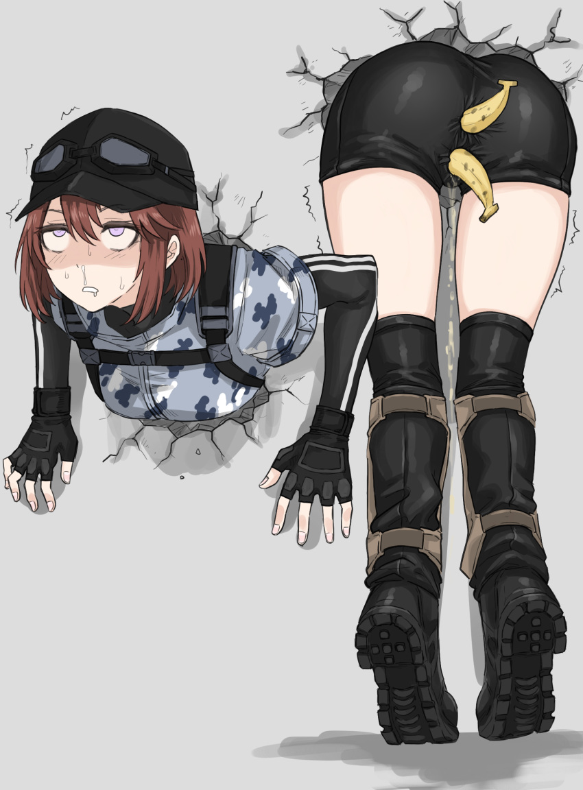 1girl anal anal_object_insertion ass banana baseball_cap bike_shorts boots brown_hair fingerless_gloves food fruit fuku_(fuku12290574) gloves goggles goggles_on_headwear hat highres object_insertion original peeing purple_eyes shaded_face short_hair snot stuck thighhighs through_wall vaginal vaginal_object_insertion