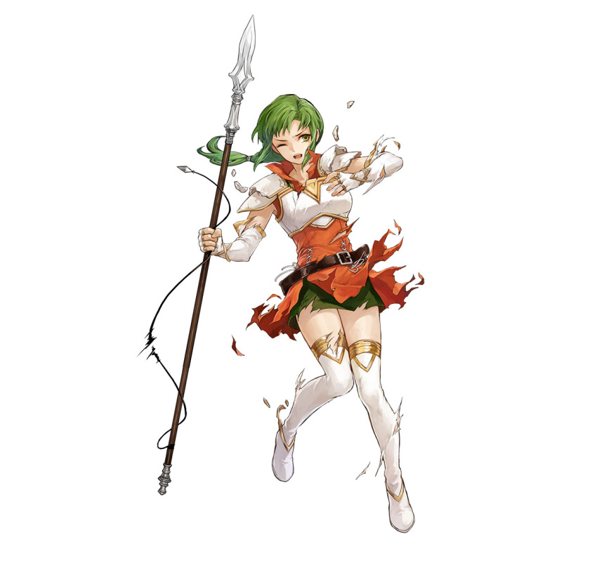 1girl armor boots braid braided_ponytail breastplate breasts damaged dress fingerless_gloves fire_emblem fire_emblem:_the_sacred_stones fire_emblem_heroes gloves green_eyes green_hair high_heel_boots high_heels holding holding_polearm holding_weapon long_hair low_ponytail official_art one_eye_closed open_mouth orange_dress polearm shorts shorts_under_skirt small_breasts solo teeth thigh_boots thigh_shorts torn_cloth torn_clothes torn_dress torn_shorts v-shaped_eyebrows vanessa_(fire_emblem) weapon white_background white_footwear white_gloves