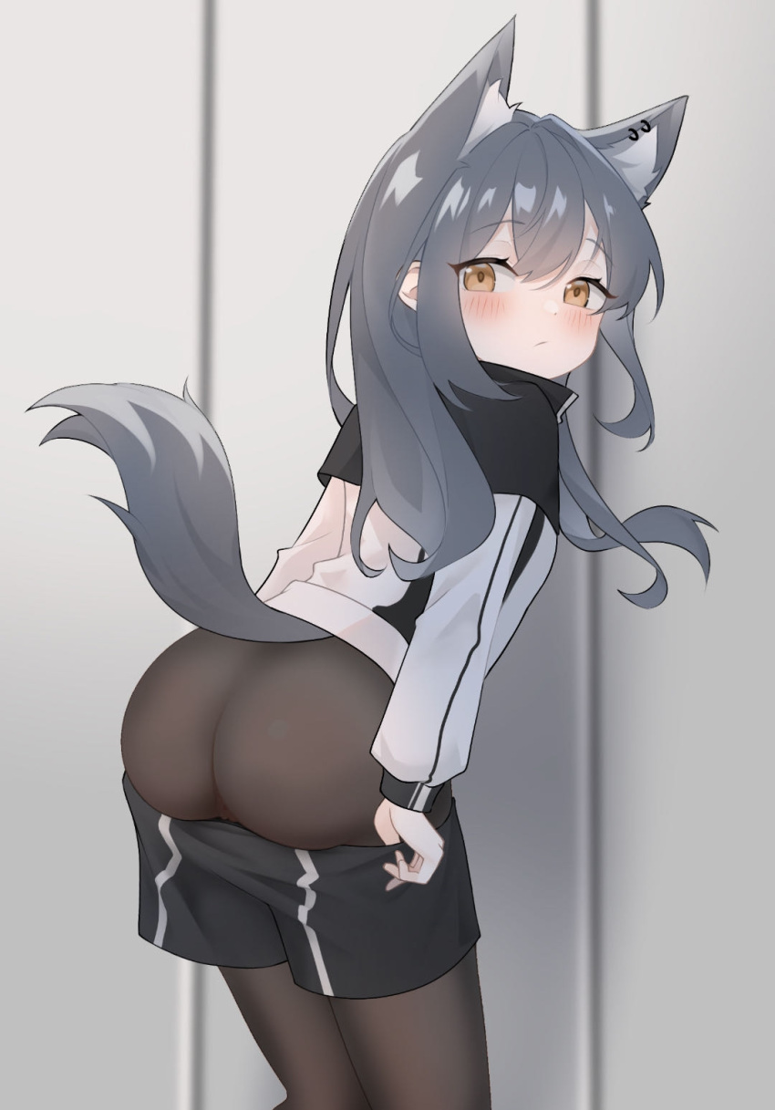 1girl aged_down animal_ear_fluff animal_ear_piercing animal_ears arknights ass black_hair black_jacket black_pantyhose black_shorts blush cameltoe clothes_pull cowboy_shot extra_ears from_behind highres jacket long_hair long_sleeves looking_at_viewer looking_back multicolored_clothes multicolored_jacket pantyhose shorts shorts_pull solo tail texas_(arknights) two-tone_jacket white_jacket wl217_(nicexa111) wolf_ears wolf_girl wolf_tail yellow_eyes