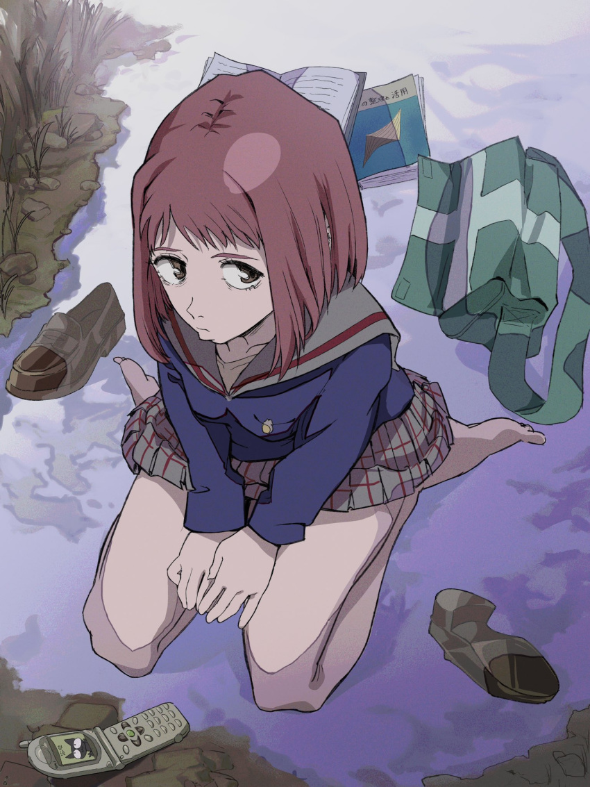 backpack bag barefoot black_cat book brown_eyes brown_footwear cat cellphone feet flcl grass highres phone pink_punk_ponk red_hair rock sad sailor_collar samejima_mamimi sand skirt takkun_(flcl) toes water