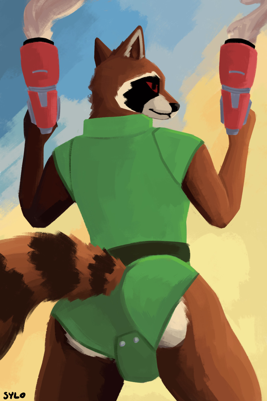 2023 absurd_res anthro blaster_pistol brown_body brown_fur bulge clothed clothing digital_media_(artwork) fur guardians_of_the_galaxy hi_res leotard male mammal marvel procyonid raccoon red_eyes rocket_raccoon simple_background smoke solo sylo tail weapon