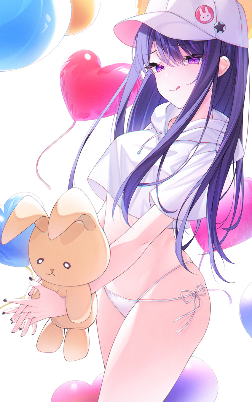 1girl :q balloon baseball_cap bikini bikini_bottom_only blush breasts closed_mouth commentary crop_top hair_ornament hat heart_balloon highres holding holding_stuffed_toy hood hoodie hoshino_ai_(oshi_no_ko) infinity_(kkx132) interlocked_fingers long_hair looking_at_viewer medium_breasts nail_polish oshi_no_ko pink_eyes purple_eyes purple_hair side-tie_bikini_bottom smile solo star-shaped_pupils star_(symbol) stuffed_toy swimsuit symbol-shaped_pupils thighs tongue tongue_out white_background white_hoodie