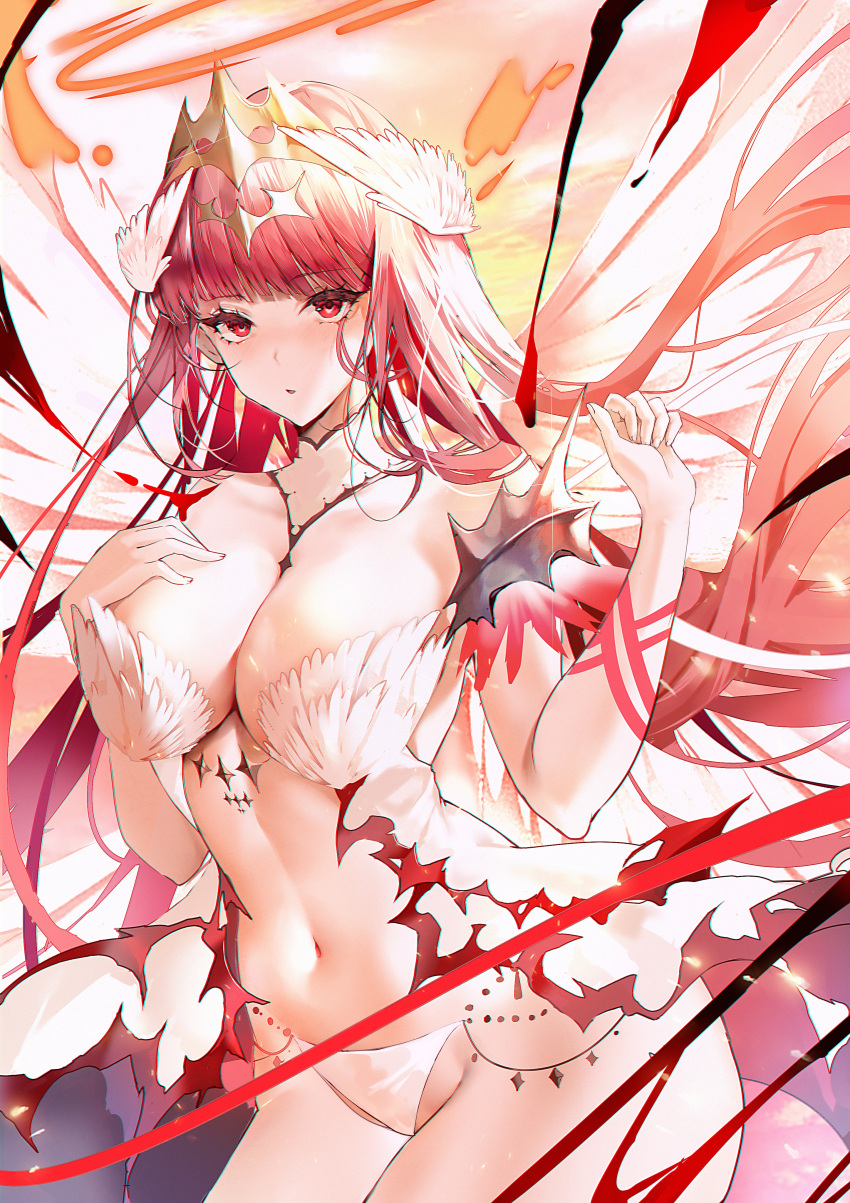 1girl absurdres angel_wings blunt_bangs blush chromatic_aberration circlet cowboy_shot feathered_wings floating_hair hand_up head_wings highres long_hair looking_at_viewer millennium_tour navel negligee panties parted_lips red_eyes red_hair red_sky sinkou sky solo stomach underwear very_long_hair white_negligee white_panties white_wings wings xiongshouji