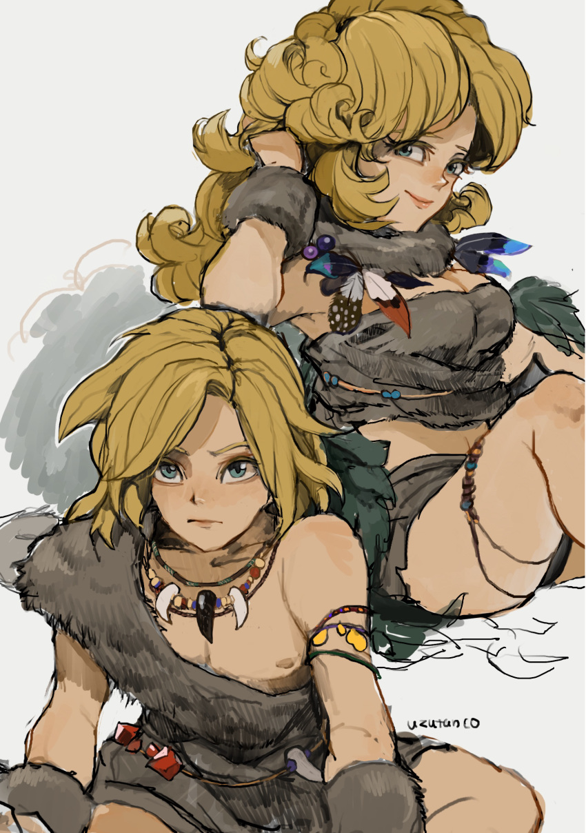 1boy 1girl arm_warmers artist_name ayla_(chrono_trigger) bare_shoulders blonde_hair breasts caveman chrono_trigger cleavage closed_mouth expressionless feathers foreshortening green_eyes hand_up highres jewelry kino_(chrono_trigger) long_hair looking_at_viewer medium_breasts necklace sitting smile thighs uzutanco v-shaped_eyebrows