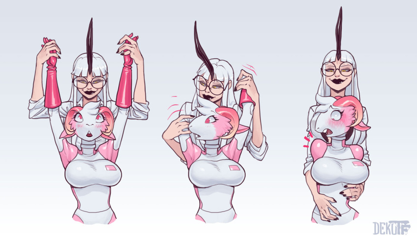 amputee anthro armless blush bovid breasts caprine clothed clothing dekotf disability duo eyewear female fur glasses goat horn humanoid mammal pink_body pink_fur transformation white_body white_fur