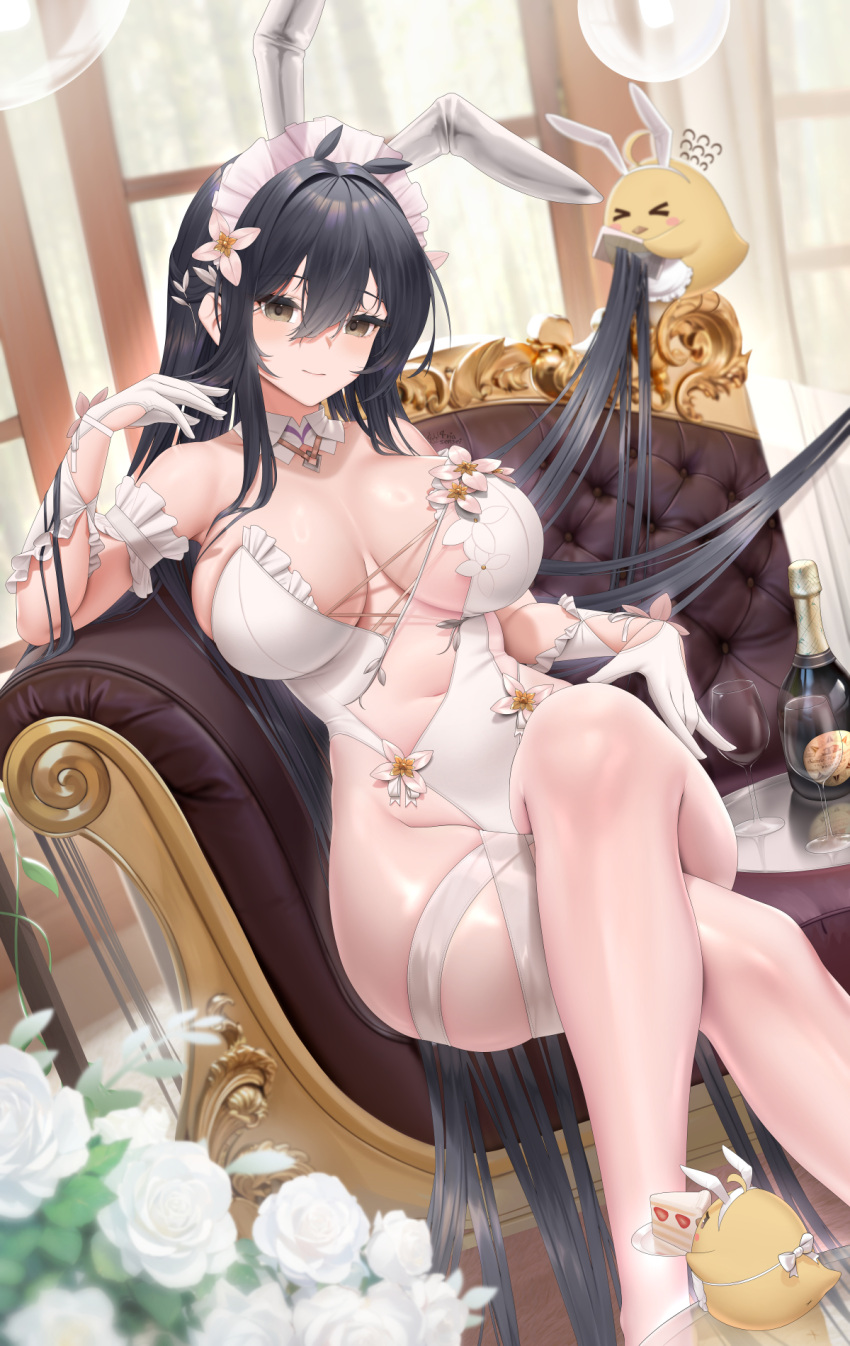 &gt;_&lt; 1girl alternate_costume animal_ears arm_strap azur_lane bare_shoulders black_hair blush bottle breasts cleavage closed_mouth crossed_legs cup detached_collar fake_animal_ears feet_out_of_frame flower fouriasensei gloves highres indomitable_(azur_lane) large_breasts leotard long_hair looking_at_viewer maid_headdress manjuu_(azur_lane) rabbit_ears sitting smile thighs white_gloves white_leotard