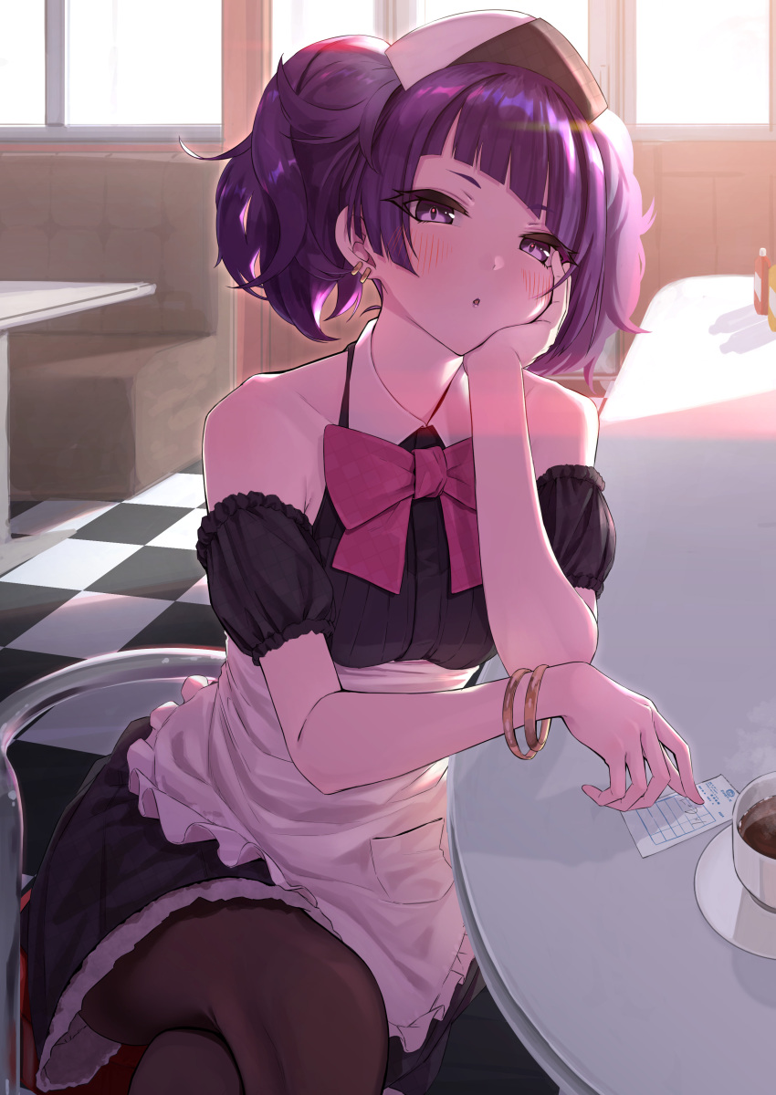 1girl absurdres apron armlet black_dress blush bow coffee_cup crossed_legs cup diagonal_bangs disposable_cup dress earrings hand_on_own_cheek hand_on_own_face headdress highres idolmaster idolmaster_shiny_colors jewelry kaiso_(kaisooekaki) looking_at_viewer maid_apron parted_lips purple_eyes purple_hair red_bow short_twintails sitting sleeveless sleeveless_dress solo tanaka_mamimi twintails upper_body white_apron