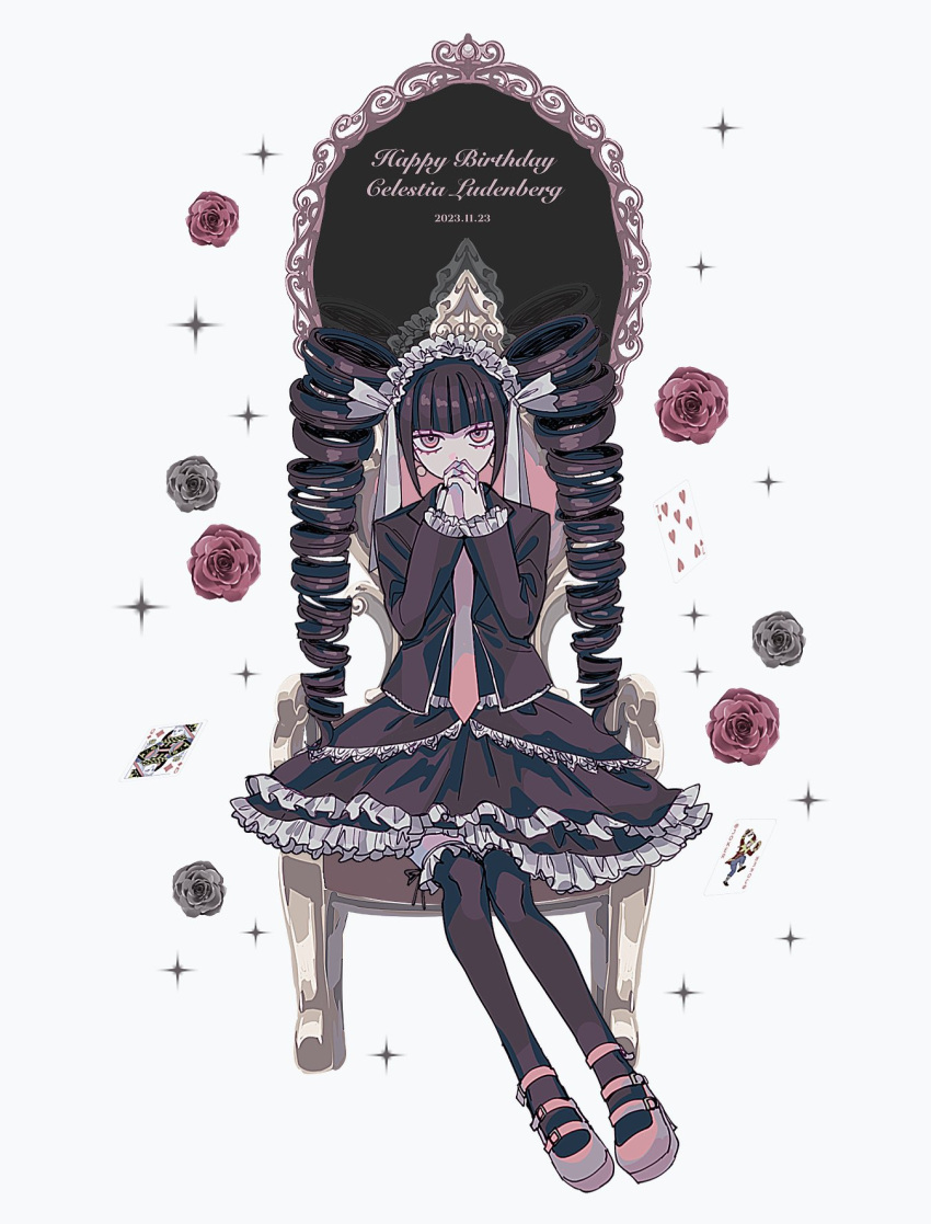 1girl black_thighhighs blunt_bangs brown_eyes celestia_ludenberg chair character_name danganronpa:_trigger_happy_havoc danganronpa_(series) dated dress drill_hair earrings flower frilled_dress frilled_jacket frilled_skirt frills full_body gothic_lolita hands_up happy_birthday highres interlocked_fingers jacket jewelry layered_skirt lolita_fashion necktie pisapipi rose shoes simple_background sitting skirt solo sparkle thighhighs twin_drills twintails white_background