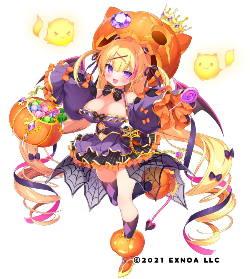 &gt;_&lt; 1girl :3 :d angelic_link argyle argyle_legwear asymmetrical_legwear bare_shoulders black_bow black_socks black_thighhighs blonde_hair blush bow breasts candy candy_cane candy_wrapper character_request cleavage closed_eyes closed_mouth clothing_cutout commentary_request crown demon_girl demon_horns demon_tail detached_sleeves dress fang food full_body hair_between_eyes hair_ornament hairclip halloween_bucket highres holding holding_candy holding_food holding_lollipop horns large_breasts lollipop long_hair long_sleeves mini_crown multicolored_hair navel navel_cutout orange_footwear pink_hair piyodera_mucha puffy_long_sleeves puffy_sleeves pumpkin_hat purple_dress purple_eyes ringlets see-through shoes simple_background sleeves_past_fingers sleeves_past_wrists smile socks solo standing standing_on_one_leg streaked_hair striped striped_bow swirl_lollipop tail thighhighs two_side_up very_long_hair white_background x_hair_ornament