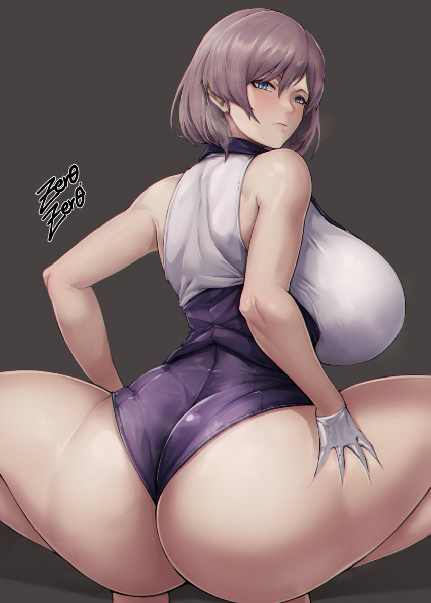 1girl ass blue_eyes blush breasts brown_hair corset deep_skin from_behind gloves gridman_universe highres large_breasts looking_at_viewer looking_back mujina purple_corset purple_shorts short_hair shorts simple_background solo spread_legs squatting ssss.dynazenon thigh_grab thighs underbust white_gloves zer0.zer0