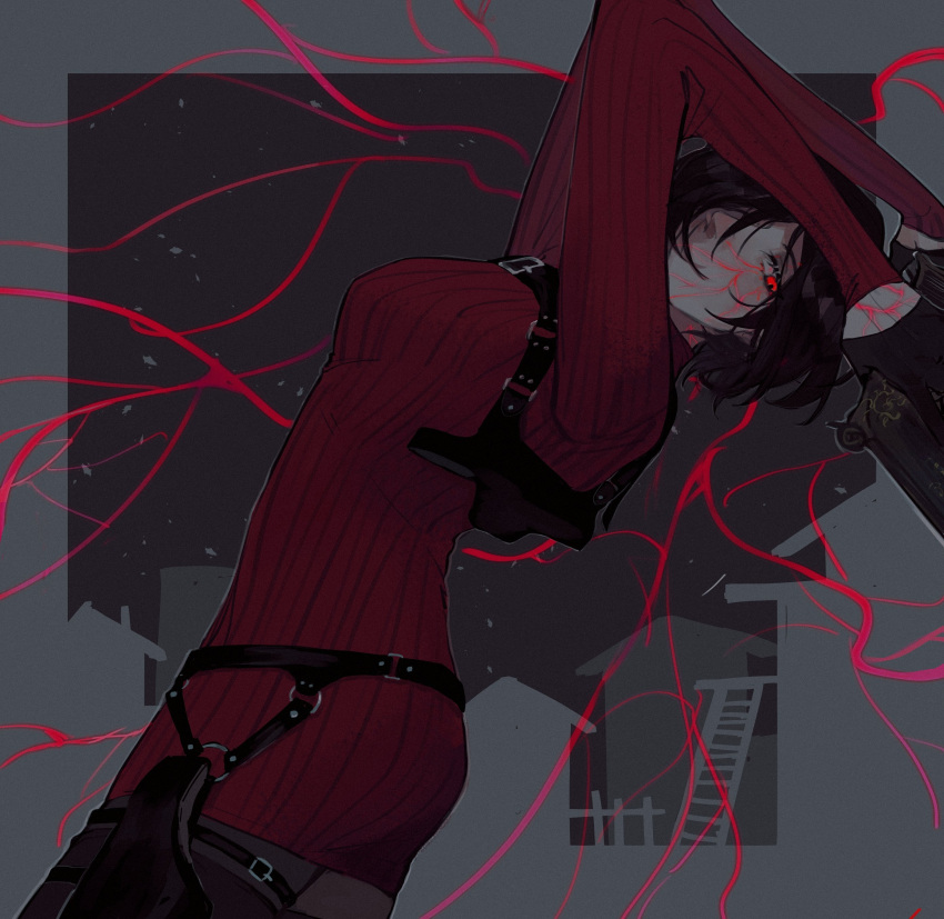 1girl absurdres ada_wong belt black_hair buckle english_commentary glowing_veins highres red_eyes resident_evil resident_evil_4 resident_evil_4_(remake) short_hair sweater tricarthemis weapon