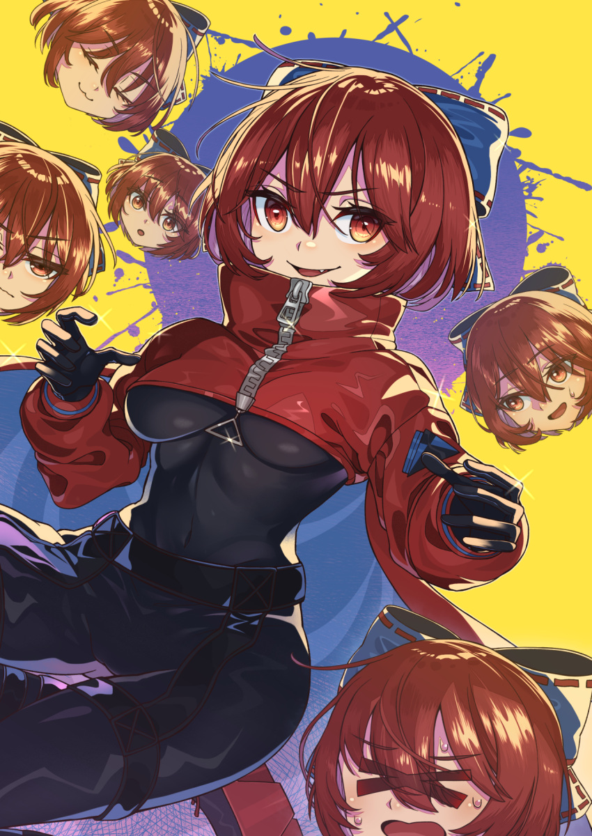 1girl adapted_costume akatsuki_records black_bodysuit black_gloves blue_bow blue_cape bodysuit bow breasts cape cloak creeper_(gametime) floating_head gloves hair_between_eyes hair_bow highres long_sleeves looking_at_viewer open_mouth red_cape red_cloak red_eyes red_hair rock_'n'_rock_'n'_beat sekibanki short_hair simple_background skin_tight solo touhou two-sided_cape two-sided_fabric two-tone_cape v-shaped_eyebrows yellow_background zipper