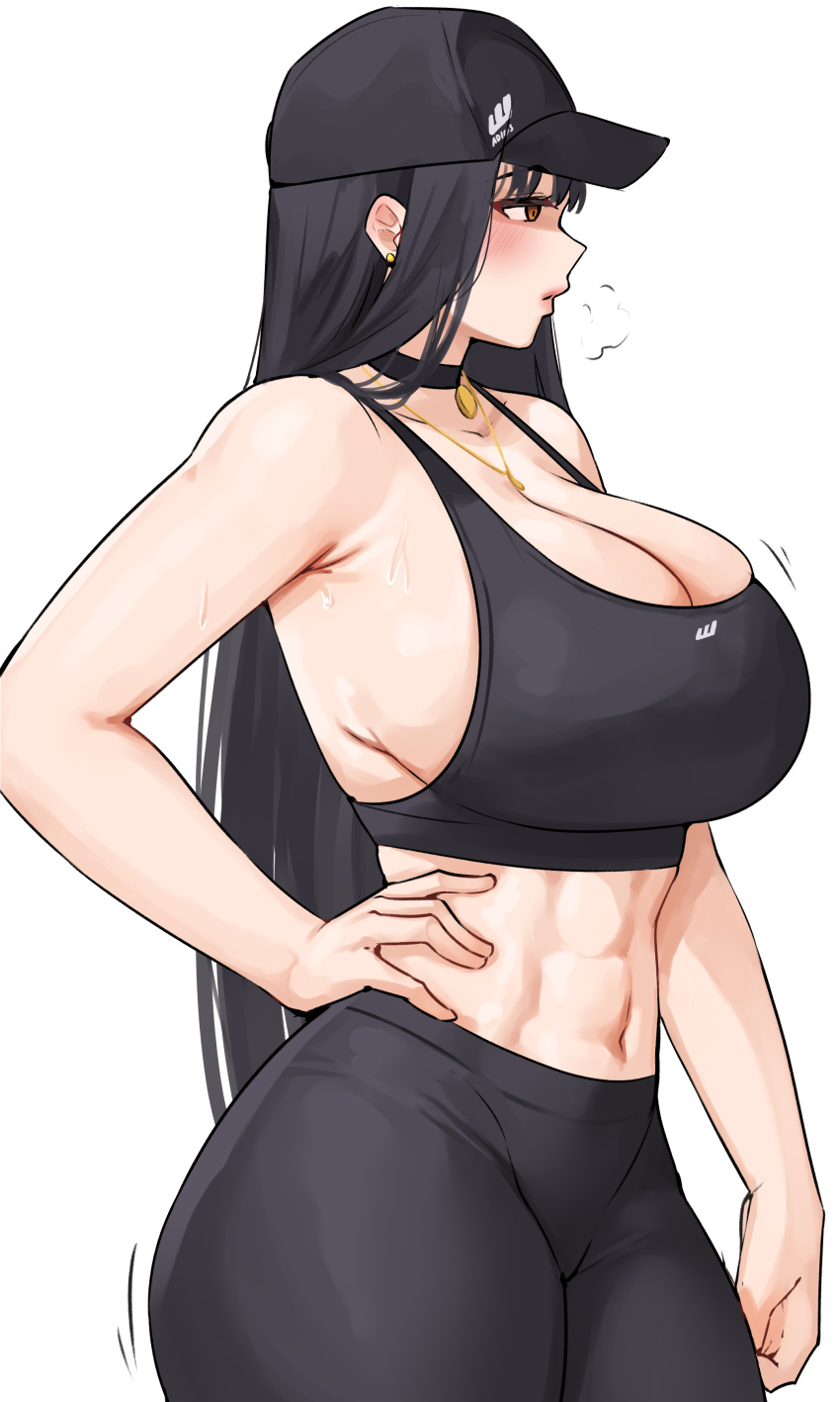 1girl abs absurdres adidas baseball_cap black_hair black_sports_bra breasts choker cleavage cowboy_shot cromwellb from_side hand_on_hip hat highres jewelry large_breasts long_hair midriff navel necklace original simple_background solo sports_bra white_background