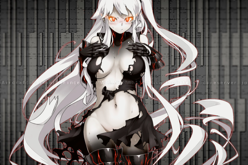 1girl abyssal_ship aircraft_carrier_princess armored_boots bangs black_dress black_sailor_collar black_skin blush boots breasts character_name closed_mouth colored_skin copyright_name dress glowing glowing_eyes gradient_skin grey_skin kantai_collection large_breasts long_hair looking_at_viewer one_side_up oso_(toolate) pale_skin red_eyes sailor_collar simple_background solo sweat thigh_boots torn_clothes torn_dress very_long_hair web_address white_hair