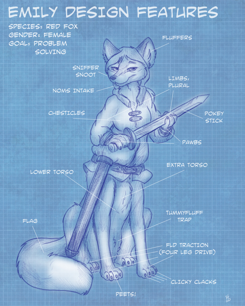 2023 belt blue_and_white bottomless breasts canid canid_taur canine canine_taur claws clothed clothing dipstick_tail emily_(tyvulpine) female flinters fox fox_taur fur hair hi_res mammal mammal_taur markings melee_weapon monochrome sword tail tail_markings taur toe_claws weapon