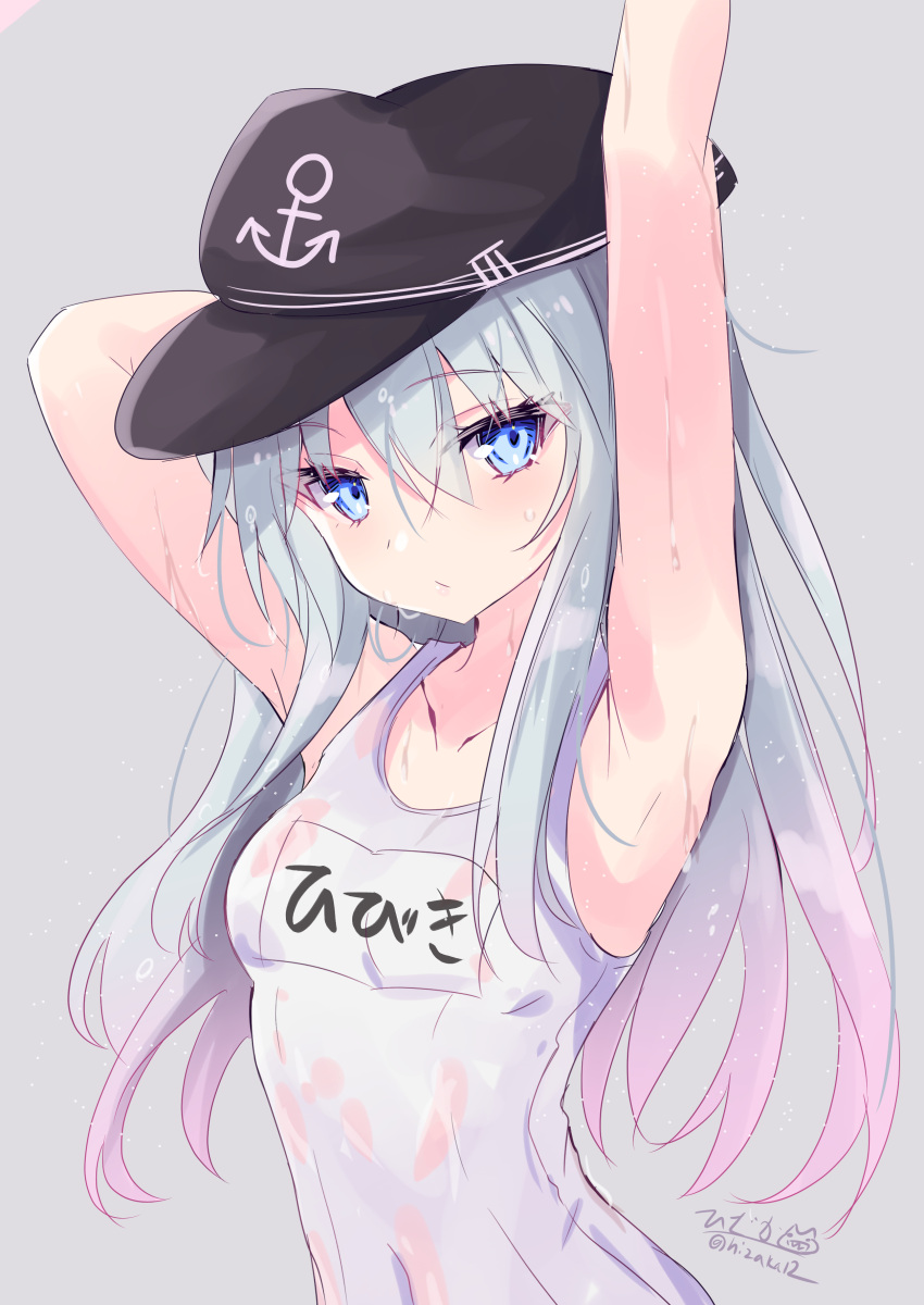 1girl absurdres alternate_color_school_swimsuit anchor_symbol armpits arms_up artist_name black_headwear blue_eyes blue_hair breasts closed_mouth commentary_request gradient_hair grey_background hair_between_eyes hat hibiki_(kancolle) highres hizaka kantai_collection looking_at_viewer multicolored_hair name_tag one-hour_drawing_challenge one-piece_swimsuit peaked_cap pink_hair school_swimsuit simple_background small_breasts solo swimsuit twitter_username upper_body white_one-piece_swimsuit