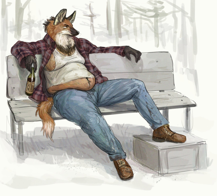 2020 alcohol anthro beer beer_bottle belly bench beverage bottle bottomwear box brown_body brown_fur canid canine canis cettus clothed clothing container denim denim_clothing footwear fur grass hi_res holding_beverage holding_object jacket jeans male mammal maned_wolf midriff open_clothing open_jacket open_topwear outside overweight overweight_anthro overweight_male pants park_bench plant shirt shoes simple_background sitting solo stained_clothing tank_top topwear tree wolf