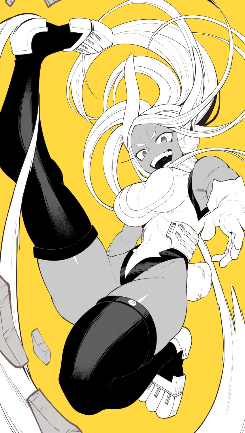 1girl :d absurdres animal_ears bare_shoulders boku_no_hero_academia breasts covered_navel crescent_print dark-skinned_female dark_skin floating_hair full_body fur_collar gloves greyscale_with_colored_background high_kick highleg highleg_leotard highres kicking koyap large_breasts leg_up leotard long_eyelashes long_hair looking_at_viewer midair mirko open_mouth parted_bangs rabbit_ears rabbit_girl rabbit_tail sleeveless_turtleneck_leotard smile solo tail taut_leotard thick_thighs thighhighs thighs toned v-shaped_eyebrows white_gloves white_hair white_leotard yellow_background