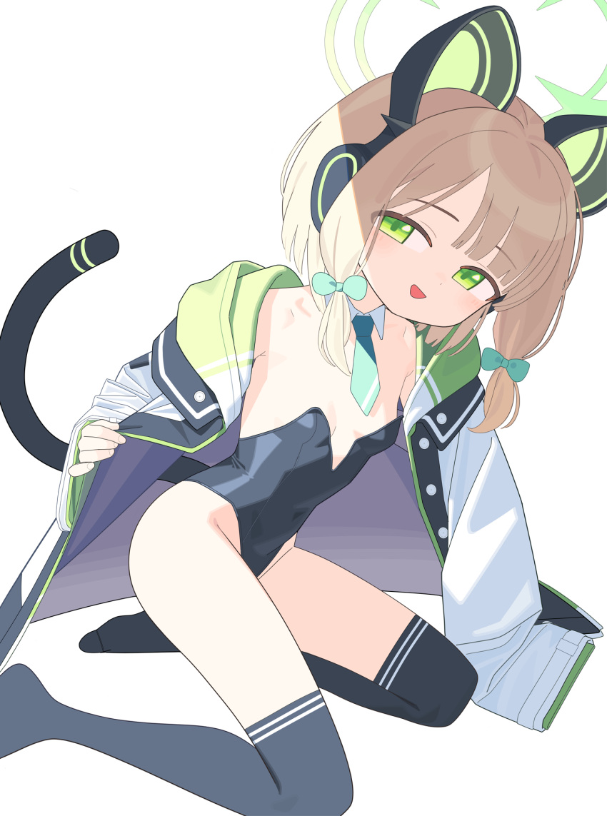 1girl animal_ear_headphones animal_ears arm_support black_leotard black_thighhighs blonde_hair blue_archive bow breasts cat_ear_headphones cat_tail coat commentary covered_navel detached_collar fake_animal_ears fake_tail green_bow green_eyes green_necktie hair_bow half-closed_eyes halo headphones highleg highleg_leotard highres kneeling legs leotard long_sleeves looking_at_viewer mabera midori_(blue_archive) necktie no_shoes open_clothes open_coat seductive_smile short_hair simple_background small_breasts smile solo tail thighhighs thighs white_background white_coat