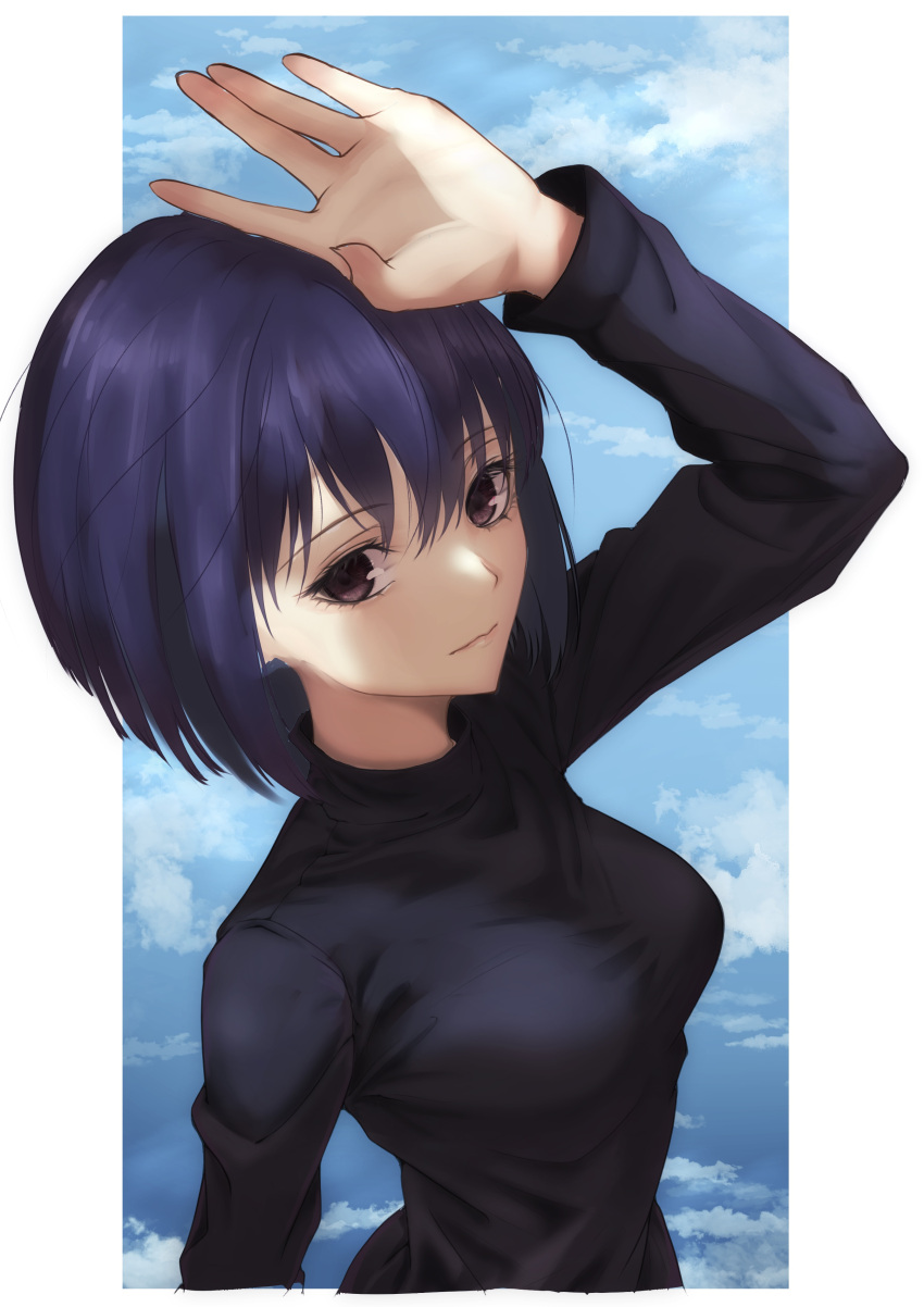 1girl absurdres arm_up black_eyes black_hair black_sweater blue_sky breasts closed_mouth cloud commentary hair_between_eyes highres kuonji_alice lips long_sleeves looking_at_viewer mahou_tsukai_no_yoru medium_breasts pink_lips shadow short_hair sky smile solo sweater toomishou turtleneck turtleneck_sweater