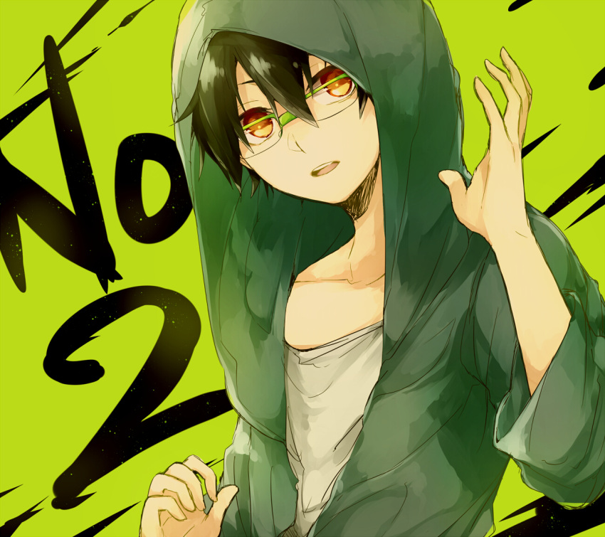 1boy asuna_(doruru-mon) bad_id bad_pixiv_id bespectacled black_hair brown_eyes character_name clothing_aside commentary double-parted_bangs glasses gradient_eyes green-framed_eyewear green_background green_jumpsuit grey_shirt hair_between_eyes hand_up hood hood_up hooded_jumpsuit jumpsuit kagerou_project looking_at_viewer male_focus mekakucity_actors multicolored_eyes over-rim_eyewear parted_lips semi-rimless_eyewear seto_kousuke shirt short_hair simple_background sleeves_past_elbows solo t-shirt teeth upper_body upper_teeth_only yellow_eyes