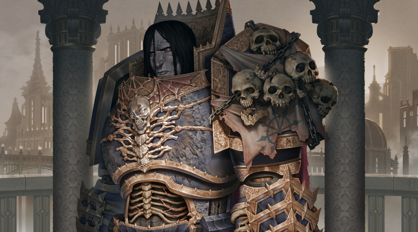 1boy absurdres architecture armor black_hair black_sclera blue_armor breastplate building chain colored_sclera commentary english_commentary full_armor glowing glowing_eyes gold_trim gorget highres hinchel_or konrad_curze lamppost long_hair looking_at_viewer lost_primarchs no_eyebrows ornate ornate_armor outdoors pale_skin pauldrons pillar power_armor primarch shoulder_armor skull solo spiked_armor teeth tower vambraces warhammer_40k white_eyes