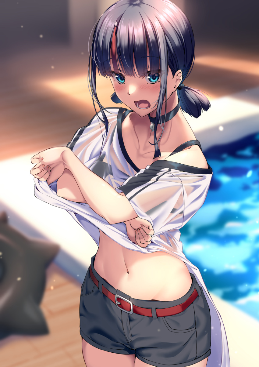 1girl bare_shoulders bikini bikini_under_clothes black_bikini black_hair black_shorts blue_eyes blush breasts choker clothes_lift collarbone fate/grand_order fate_(series) highres innertube kagari_liroi looking_at_viewer low_twintails medium_breasts medium_hair multicolored_hair off-shoulder_shirt off_shoulder open_mouth pink_hair poolside see-through shirt shirt_lift short_shorts short_sleeves short_twintails shorts sidelocks solo streaked_hair swimsuit thigh_strap thighs twintails utsumi_erice utsumi_erice_(swimsuit_avenger) utsumi_erice_(swimsuit_avenger)_(first_ascension) white_shirt