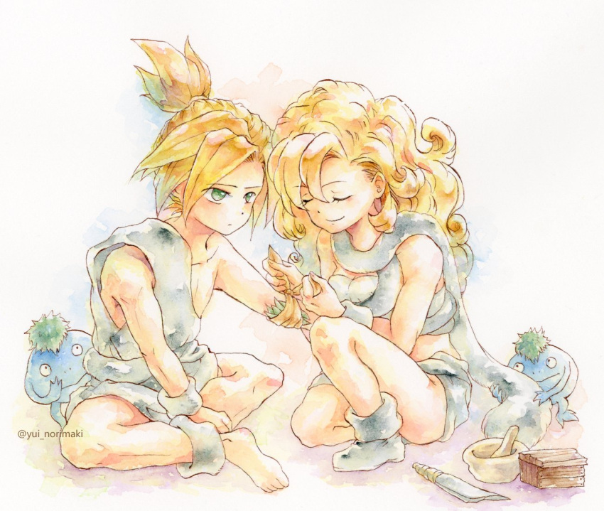 1boy 1girl ayla_(chrono_trigger) barefoot blonde_hair caveman cavewoman chrono_trigger closed_eyes creature curly_hair green_eyes grey_fur hair_between_eyes healing high_ponytail indian_style kino_(chrono_trigger) long_hair medium_hair mortar_(bowl) nu_(chrono_trigger) sitting smile twitter_username watercolor_effect yui_norimaki