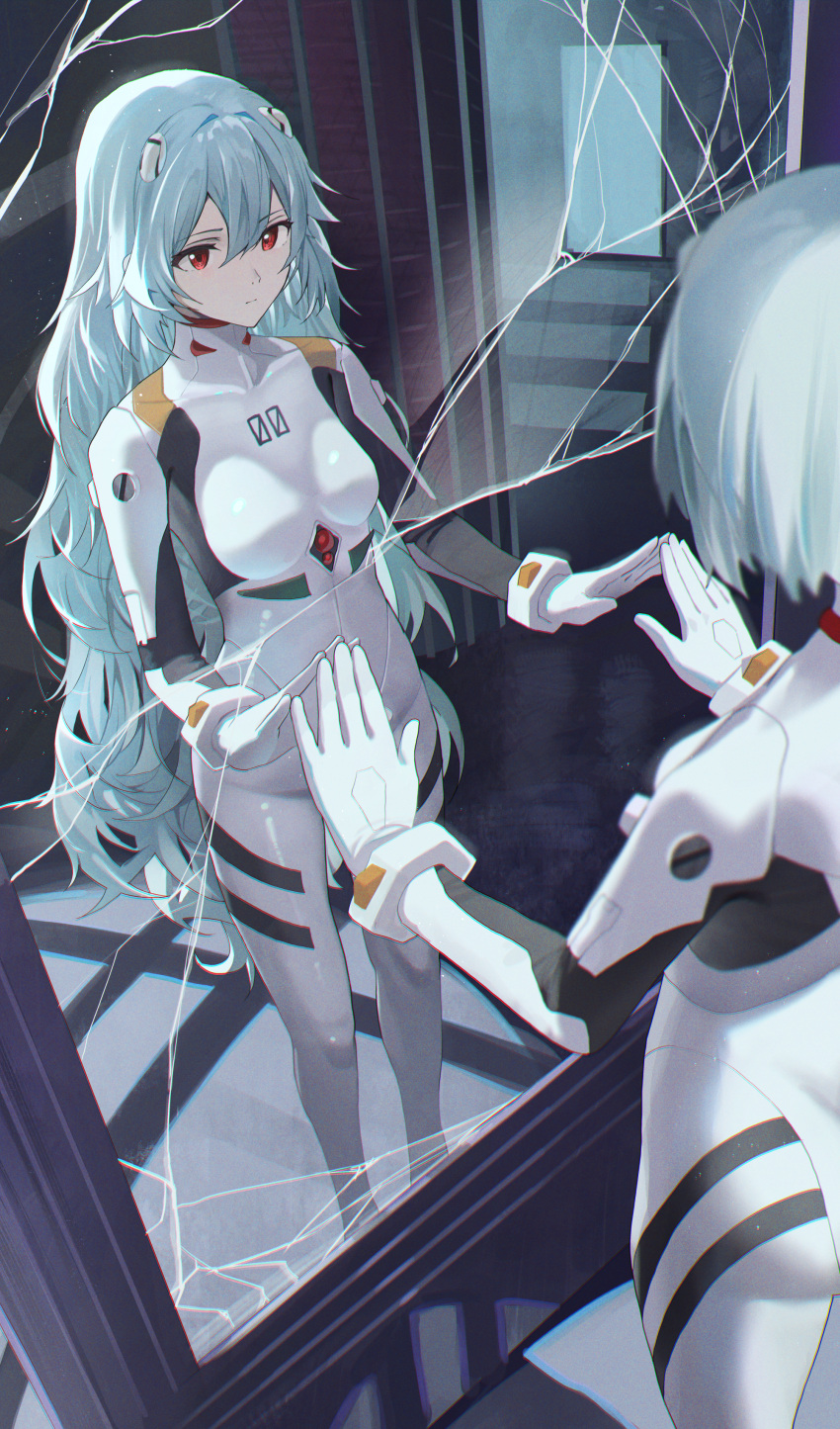 1girl absurdres ass ayanami_rei black_bodysuit blue_hair bodysuit breasts closed_mouth commentary_request crack cracked_glass different_reflection evangelion:_3.0+1.0_thrice_upon_a_time from_above hairpods hidulume highres indoors interface_headset light_blue_hair long_hair looking_at_mirror medium_breasts mirror neon_genesis_evangelion pilot_suit plugsuit rebuild_of_evangelion red_eyes reflection short_hair skin_tight solo standing two-tone_bodysuit very_long_hair white_bodysuit