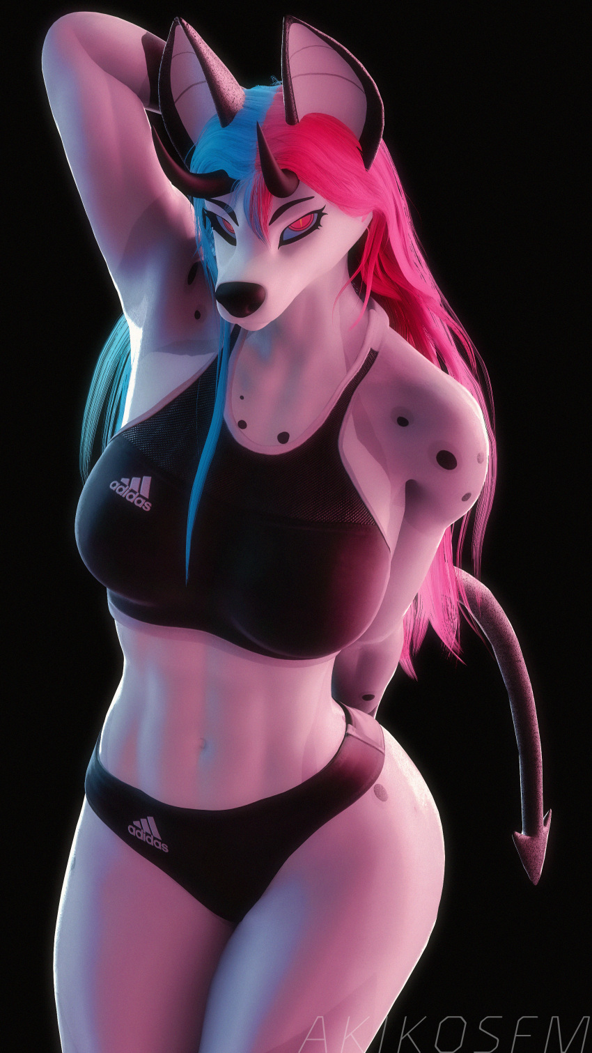 3d_(artwork) absurd_res adidas akikosfm anthro black_background black_spots blue_sclera bra breasts canid canid_demon clothed clothing curvy_body demon digital_media_(artwork) female hair hand_behind_head hellhound hi_res horn invalid_tag long_hair long_tail looking_at_viewer mammal multicolored_hair pink_hair pinup pose rae_(akikosfm) simple_background solo source_filmmaker spots tail two_tone_hair underwear