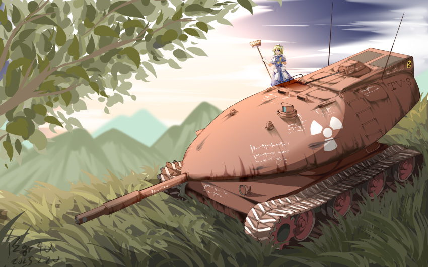 1girl absurdres blue_dress branch broom caterpillar_tracks chinese_commentary chrysler_tv-8 cloud commentary_request dress full_body highres holding holding_broom maid_headdress military_vehicle motor_vehicle mountain outdoors pzgr.40 radiation_symbol ruukoto sky solo tank touhou touhou_(pc-98) variant_set wide_shot