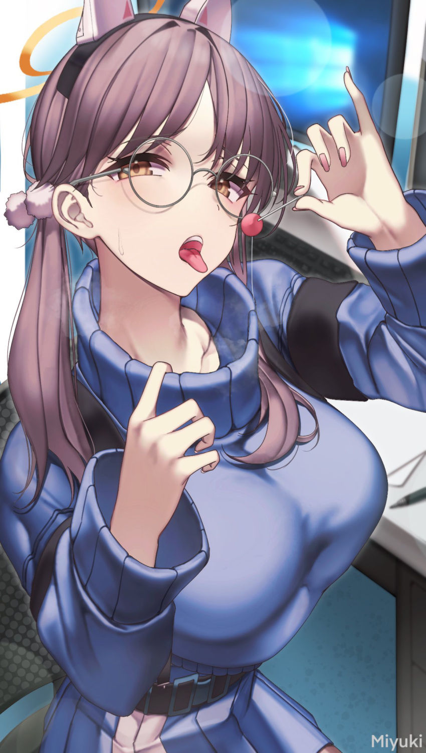 1girl animal_ears blue_archive blue_leotard blue_sweater blush boots breasts brown_hair candy fake_animal_ears food glasses halo highres holding holding_candy holding_food holding_lollipop large_breasts leotard lollipop looking_at_viewer miyuki_(9029009) moe_(blue_archive) open_mouth orange_eyes rabbit_ears round_eyewear saliva sexually_suggestive smile solo sweater turtleneck turtleneck_sweater twintails