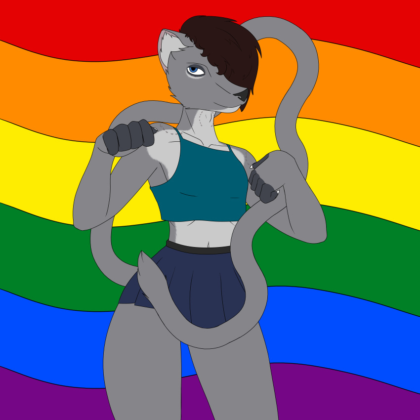 absurd_res anthro bite_mark_on_neck bite_mark_on_shoulder bottomwear caxy caxy_creations clothed clothing crossdressing david_seltz hi_res hybrid lgbt_pride long_tail male pride_color_background pride_colors scar simple_background skirt smile solo tail