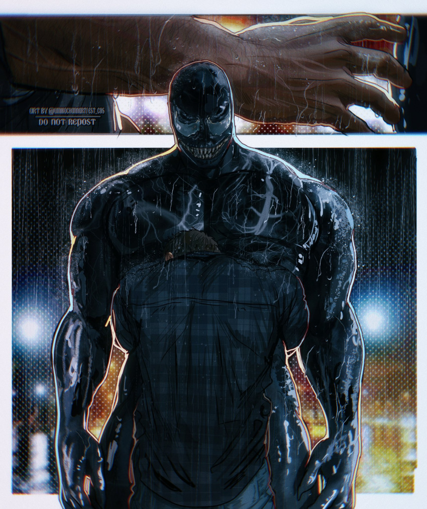 1boy blonde_hair blue_pants eddie_brock grey_shirt highres hug male_focus marvel monster_boy pants sharp_teeth shirt short_hair slime_boy spider-man_(series) symbiote teeth twitter_username umikochannart venom_(2018) venom_(marvel)