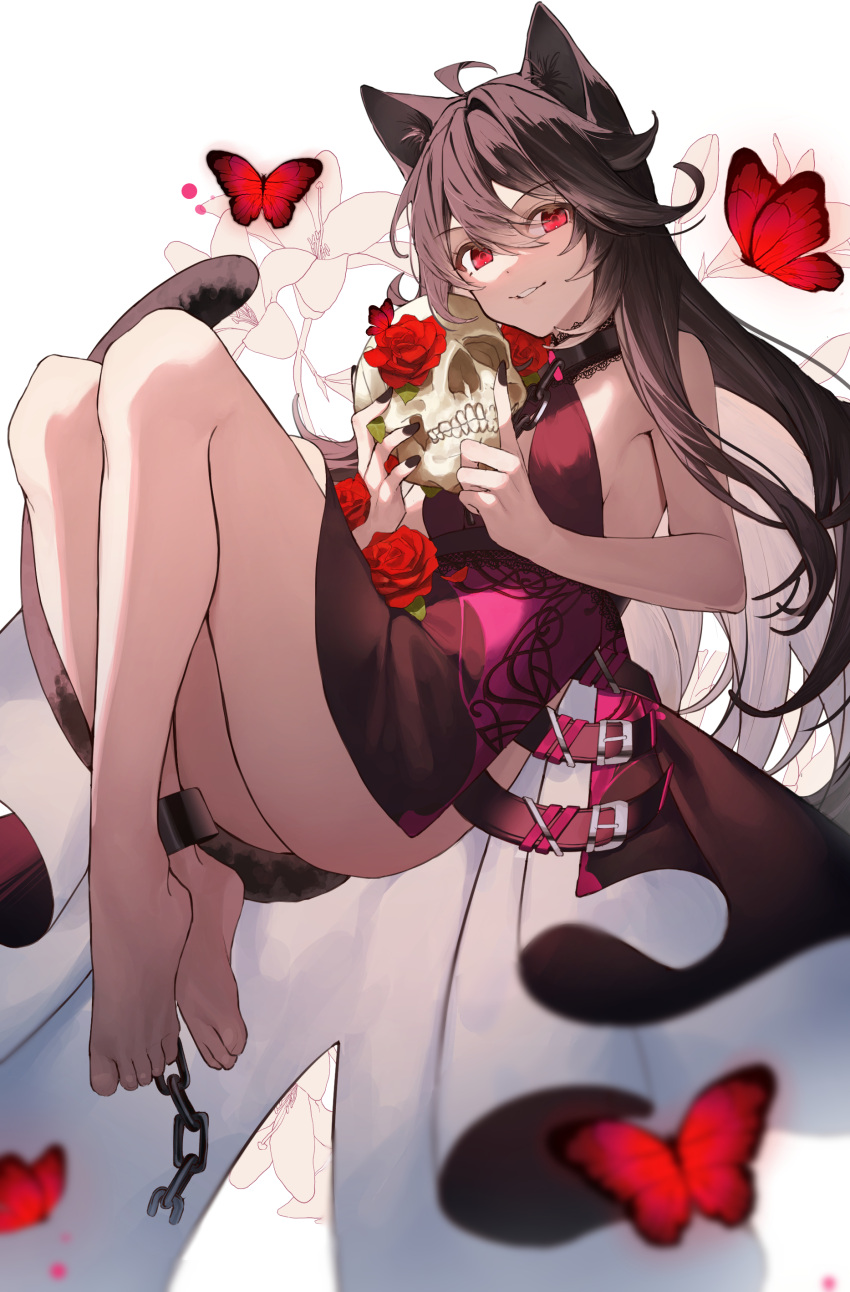 1girl absurdres ahoge animal_ears armpit_peek barefoot black_choker black_dress black_hair black_nails blush breasts bug butterfly cat_ears cat_girl cat_tail chain choker cropped cuffs dot_nose dress flower full_body grin hair_between_eyes highres holding holding_skull knees_up long_hair looking_at_viewer nail_polish original parted_lips raised_eyebrows red_butterfly red_flower red_rose rose shackles shotgunman sidelocks simple_background skull sleeveless sleeveless_dress small_breasts smile solo tail teeth white_background