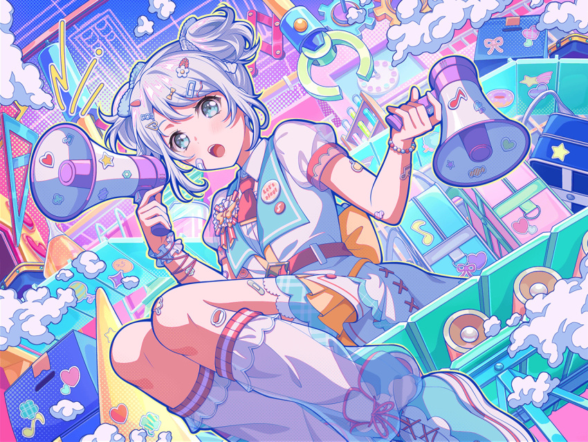1girl award_ribbon back_bow badge bandaid bandaid_on_face bandaid_on_leg bang_dream! bead_bracelet beads belt blue_eyes bow bracelet button_badge clock crane_game detached_collar from_below hair_ornament hair_ribbon hairclip halftone holding holding_megaphone jewelry looking_at_viewer loose_socks megaphone necktie official_art open_mouth puffy_short_sleeves puffy_sleeves ribbon see-through see-through_legwear see-through_sleeves shoes short_sleeves short_twintails sitting skirt sneakers socks solo sticker third-party_source twintails vest wakamiya_eve white_hair