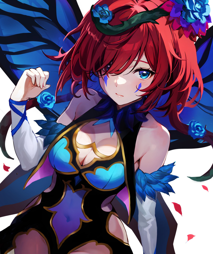 absurdres bare_shoulders blue_eyes breasts covered_navel fairy fairy_wings fire_emblem fire_emblem_heroes flower hair_flower hair_ornament hair_vines highres jurge medium_breasts red_hair triandra_(fire_emblem) triandra_(reverent_dream)_(fire_emblem) wings