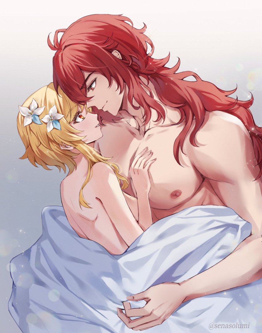 1boy 1girl abs absurdres blanket blonde_hair breasts closed_mouth diluc_(genshin_impact) genshin_impact highres long_hair lumine_(genshin_impact) medium_breasts muscular muscular_male nipples nude red_eyes red_hair senasolumi smile topless_male yellow_eyes