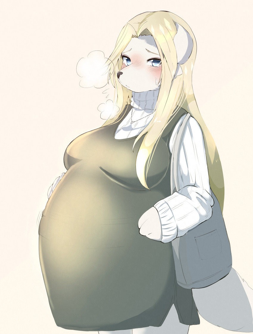 2022 absurd_res anthro belly big_belly big_breasts biped black_nose blonde_hair blush breasts breath canid canine canis clothed clothing colored digital_media_(artwork) domestic_dog dress female female_anthro floppy_ears fully_clothed fur hair hi_res jewelry kemono long_hair looking_at_viewer mammal monotone_body monotone_ears monotone_fur monotone_hair monotone_tail necklace portrait pregnant pregnant_female purse shaded shikibetsuko simple_background snout solo standing sweater tail three-quarter_portrait three-quarter_view topwear white_background white_body white_clothing white_eyes white_fur white_sweater white_tail white_topwear