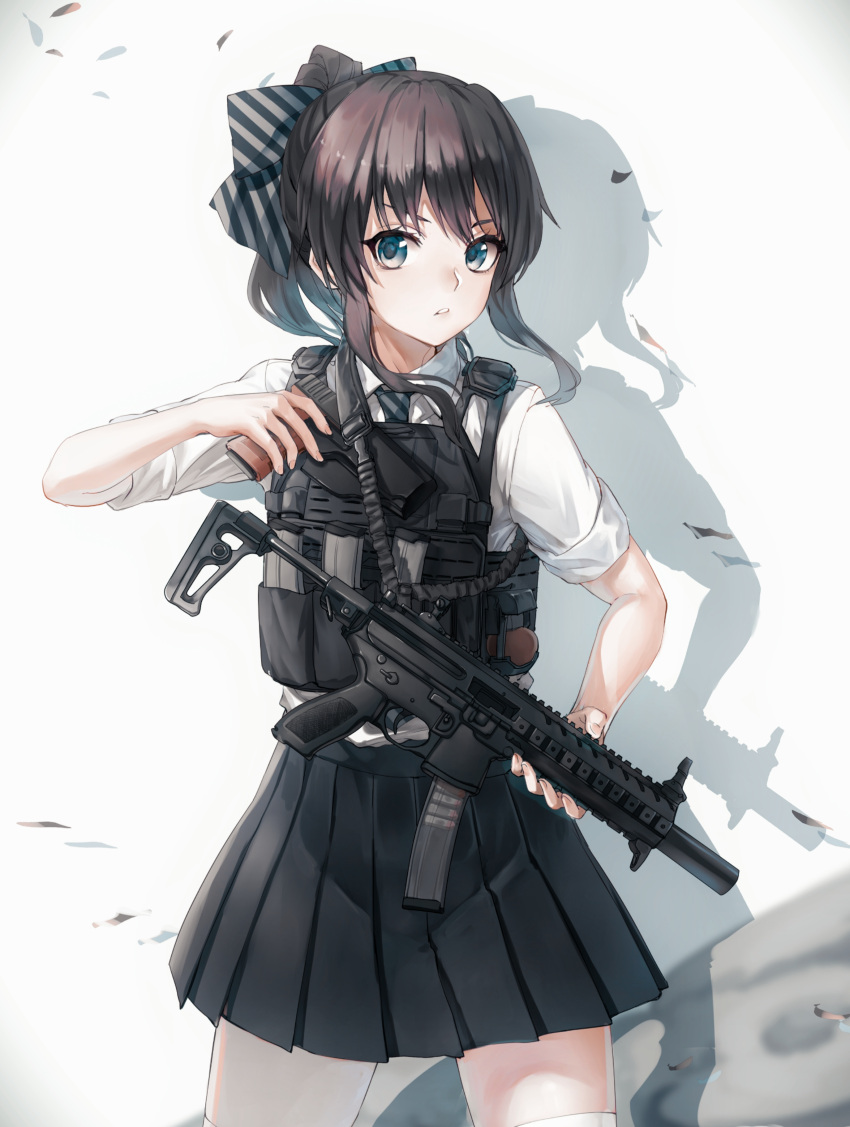 1girl absurdres aqua_eyes black_skirt blue_eyes bow brown_hair collared_shirt cowboy_shot floating_hair grey_skirt gun hair_bow handgun highres holding holding_gun holding_weapon holstered_weapon load_bearing_vest looking_at_viewer magazine_(weapon) necktie original parted_lips pleated_skirt ponytail shadow shirt short_sleeves sidelocks skirt sleeves_rolled_up solo standing striped striped_bow striped_necktie submachine_gun tactical_clothes thighhighs tuzik10 weapon white_background white_shirt white_thighhighs