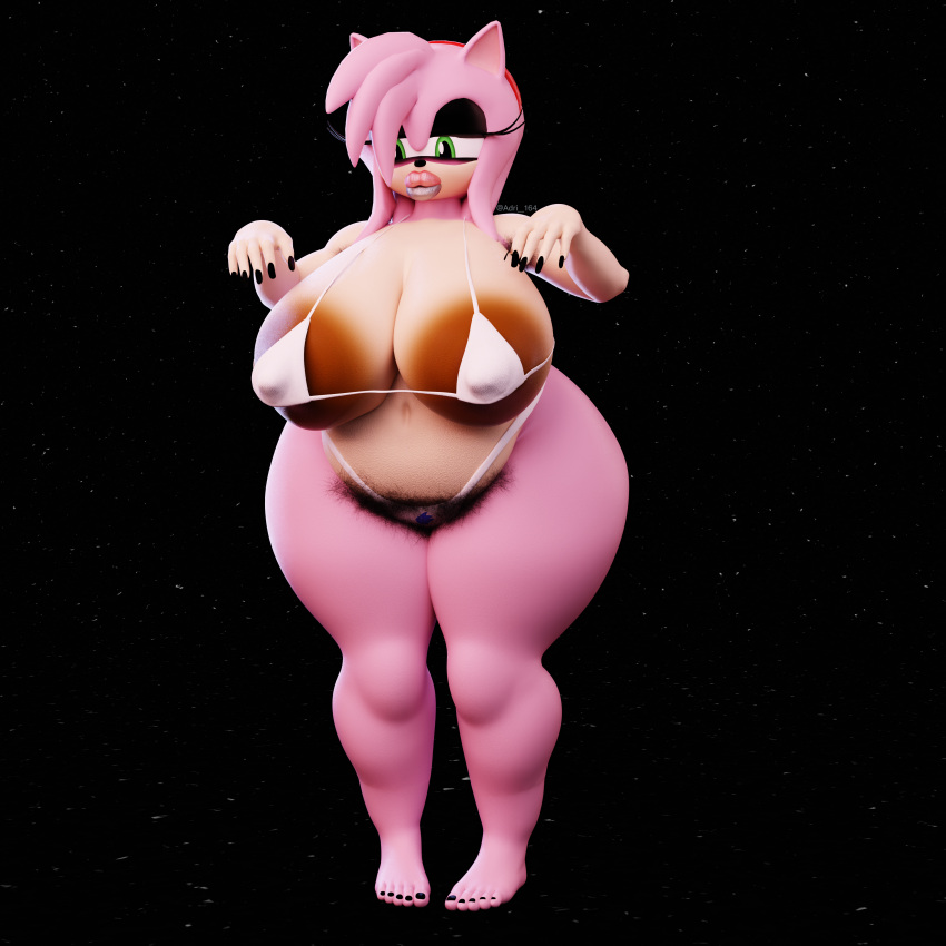absurd_res adri164 amy_rose areola armpit_hair belly big_areola big_belly big_breasts black_nails body_hair breasts brown_areola clothing colored_nails eulipotyphlan female female/female green_eyes hedgehog hi_res lips long_nails makeup mammal nails navel pink_body pubes sega solo sonic_the_hedgehog_(series) thick_lips thick_thighs underwear white_clothing white_underwear wide_hips