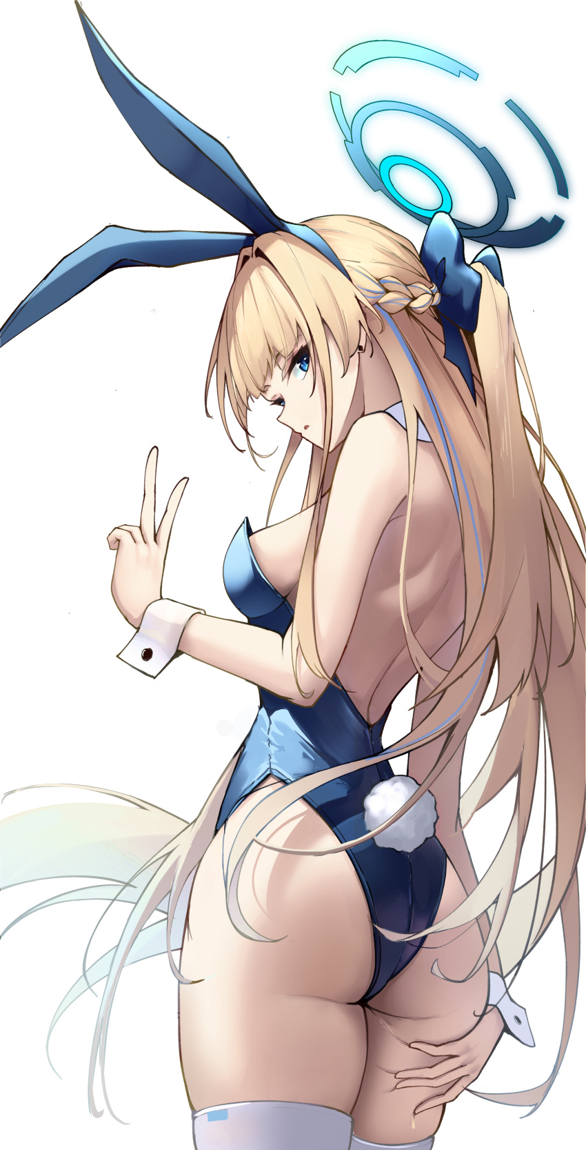 1girl absurdres animal_ears ass bare_shoulders blonde_hair blue_archive blue_bow blue_eyes blue_hairband blue_leotard bow bowtie braid breasts detached_collar fake_animal_ears from_behind geomdaeng hairband halo hand_up highleg highleg_leotard highres leotard long_hair medium_breasts official_alternate_costume official_alternate_hairstyle playboy_bunny rabbit_ears solo thighhighs thighs toki_(blue_archive) toki_(bunny)_(blue_archive) v very_long_hair white_thighhighs wrist_cuffs