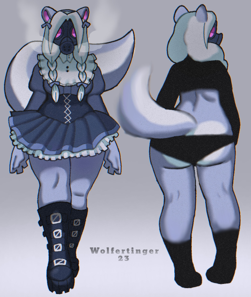 2023 anthro biped black_clothing blue_clothing clothing florence_(wolfertinger) fur gas_mask grey_body grey_clothing grey_ears grey_fur grey_hair grey_tail hair hi_res mammal mask mephitid multicolored_body multicolored_ears multicolored_fur purple_ears signature skunk solo two_tone_body two_tone_ears two_tone_fur two_tone_tail underwear wolfertinger