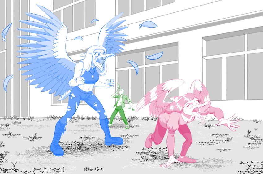 anon_(snoot_game) anthro bald building clothed clothing faceless_character faceless_human fang_(gvh) feathered_wings feathers female goodbye_volcano_high group halter_top heartsick hi_res human male mammal midriff outside plantigrade pterodactylus pterosaur reptile restricted_palette scalie snoot_game trio wings