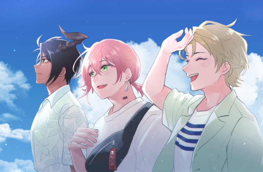 3boys :d ^_^ aragami_oga barcode barcode_tattoo black_hair blonde_hair blue_eyes closed_eyes closed_mouth cloud crossed_bangs dark-skinned_male dark_skin day earrings fanny_pack floral_print from_side green_eyes green_jacket hair_between_eyes hair_slicked_back hand_up highres holostars horns jacket jewelry kishido_temma light_particles looking_ahead low_ponytail male_focus mioto_(tsubsq_m) multiple_boys neck_tattoo official_alternate_costume pink_hair print_shirt profile rikka_(holostars) shirt short_hair short_ponytail short_sleeves single_horn smile t-shirt tattoo teeth upper_body upper_teeth_only virtual_youtuber white_shirt wing_collar