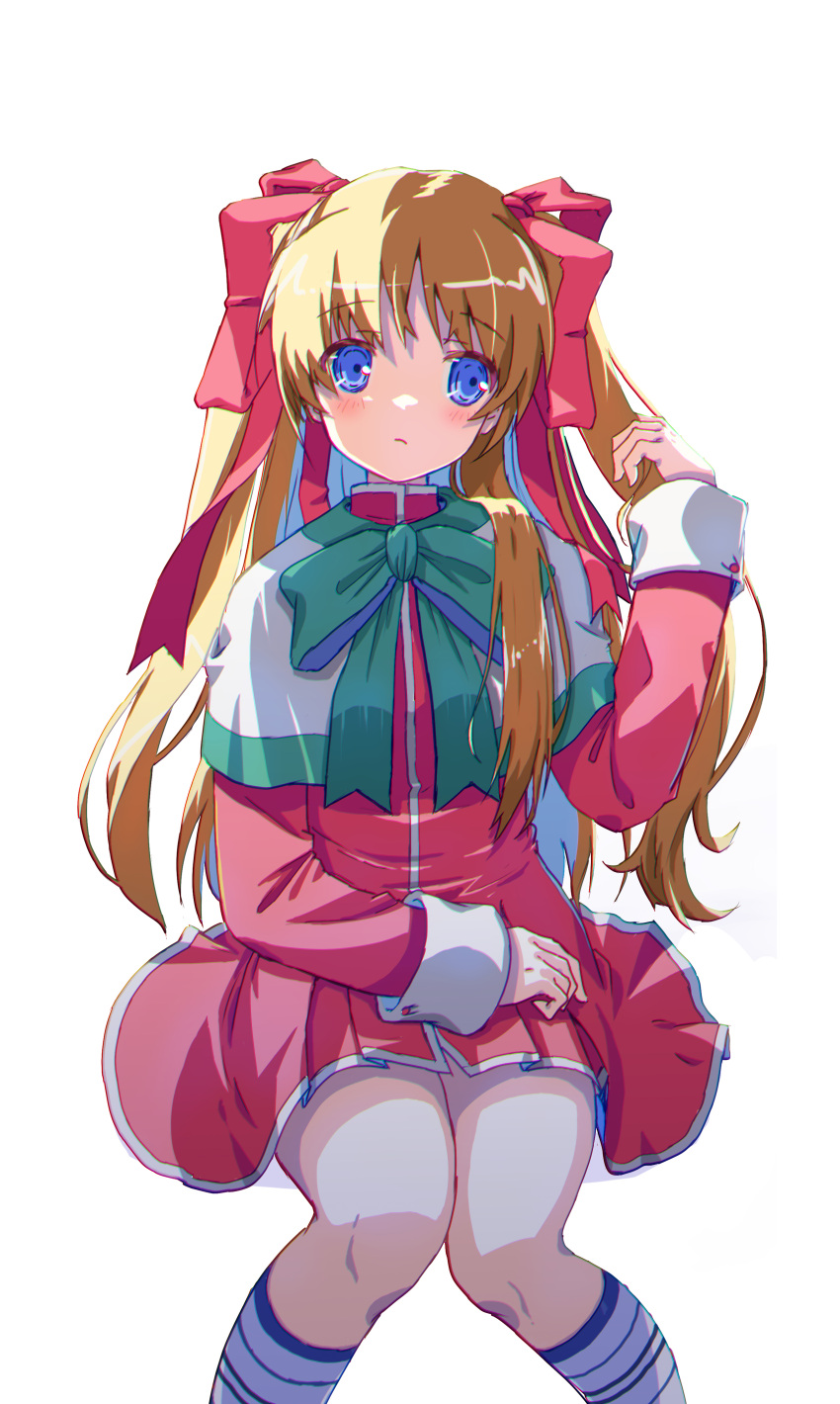 1girl absurdres adjusting_hair akayama_yukihe alternate_costume blue_eyes blush bow capelet closed_mouth commentary_request dress eyes_visible_through_hair feet_out_of_frame frown green_bow hair_between_eyes hair_over_shoulder hair_ribbon hand_on_own_thigh hand_up highres kanon knees_together_feet_apart long_hair long_ribbon long_sleeves looking_to_the_side orange_hair red_dress red_ribbon ribbon sawatari_makoto school_uniform short_dress sidelighting simple_background sitting socks solo straight_hair two_side_up very_long_hair white_background white_capelet white_socks