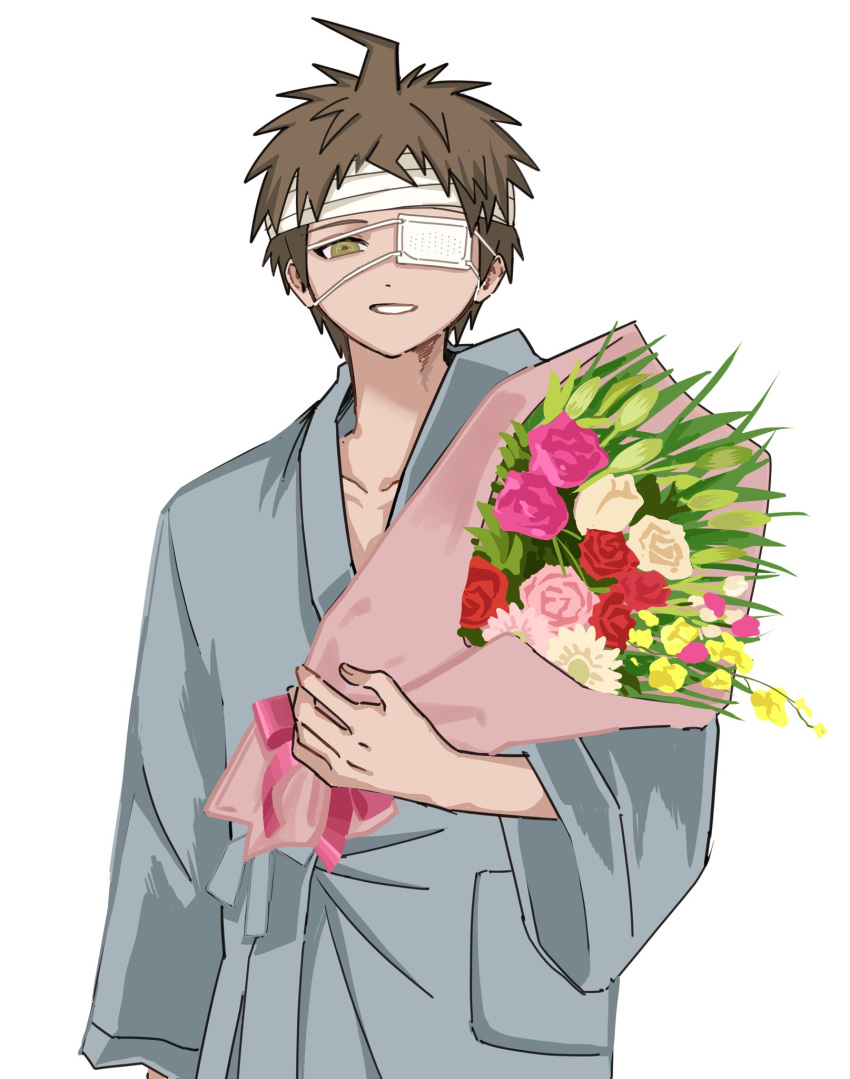 1boy ahoge bouquet brown_eyes brown_hair collarbone danganronpa_(series) danganronpa_2:_goodbye_despair eyepatch grin highres hinata_hajime holding holding_bouquet hospital_gown long_sleeves male_focus okonomiyakiyyy1 short_hair smile solo teeth upper_body wide_sleeves