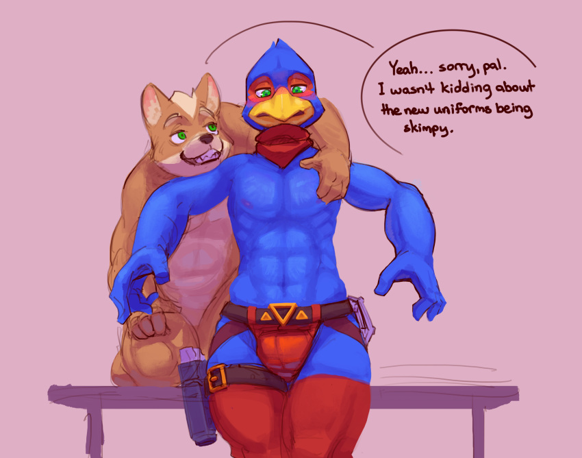 absurd_res anthro avian beak belt blue_body blush bulge canid canine clothed clothing duo embarrassed english_text falco_lombardi fox fox_mccloud hi_res kyomiqc legwear looking_down male male/male mammal neckerchief nintendo partially_clothed scarf skimpy star_fox text thigh_highs uniform