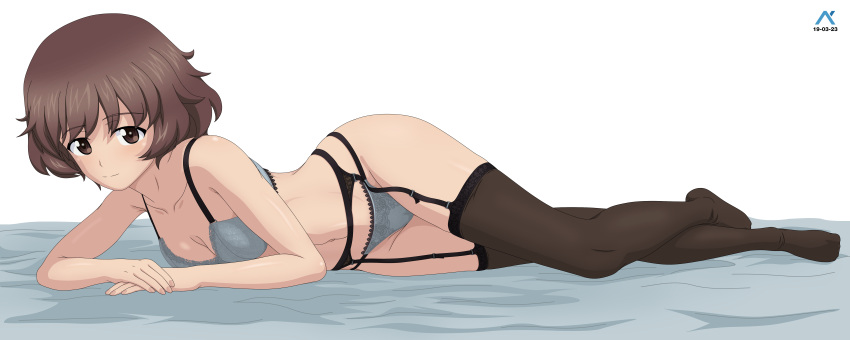 1girl absurdres acrux akiyama_yukari artist_logo bed_sheet black_garter_belt black_thighhighs bra breasts brown_eyes brown_hair closed_mouth clothes_writing commentary dated elbow_rest emblem english_commentary garter_belt girls_und_panzer grey_bra grey_panties highres lace-trimmed_panties lace_trim lingerie looking_at_viewer lying medium_breasts messy_hair navel on_bed on_side ooarai_(emblem) panties romaji_text short_hair smile solo string_panties thighhighs underwear underwear_only